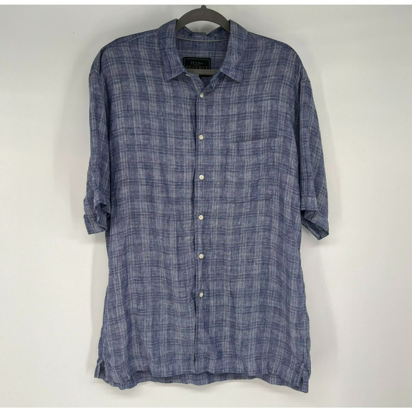 Jos A Bank Reserve Linen Button Up Shirt Men's Sz L Blue Plaid Short Sleeve - Picture 1 of 8